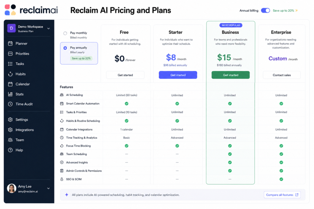 4. Reclaim AI Review Pricing Breakdown