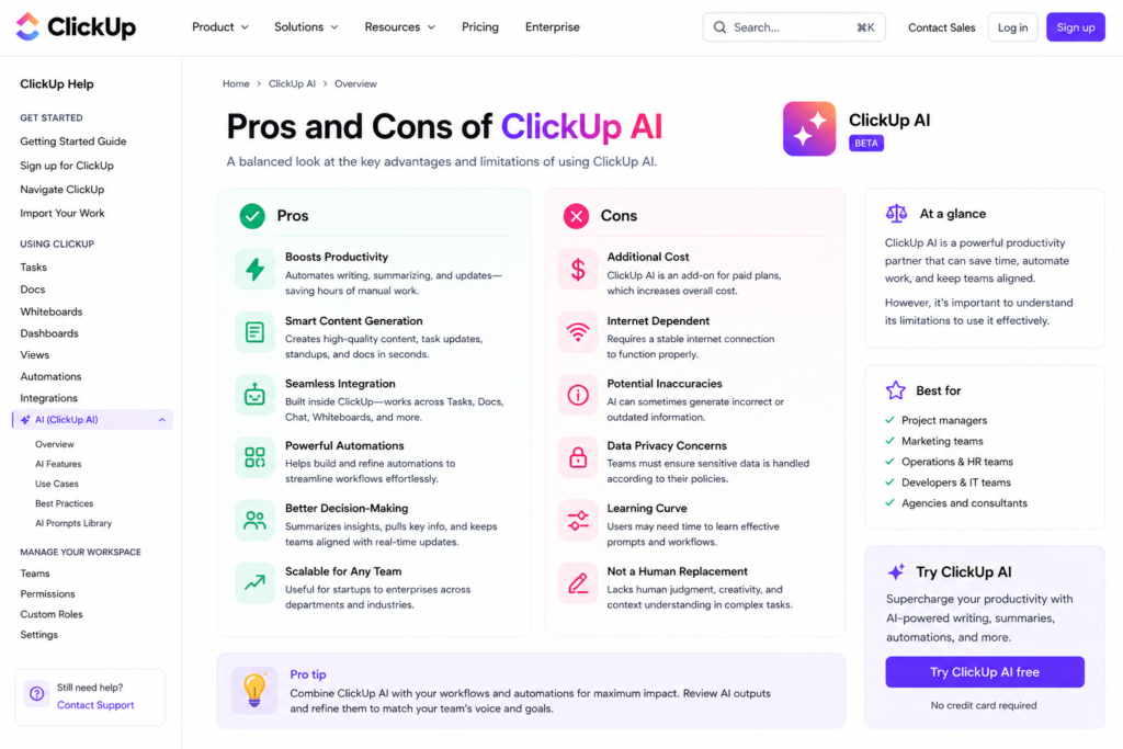 5. ClickUp AI Review Honest Pros and Cons