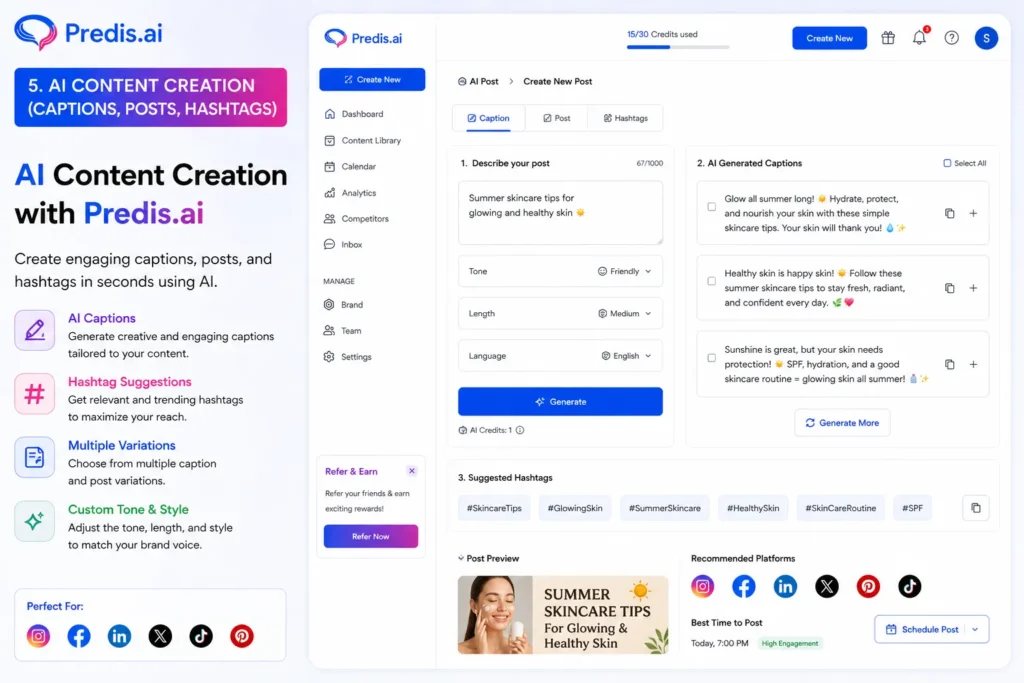 AI content creation in Predis.ai showing caption generator, hashtag suggestions, post variations, and content preview inside the dashboard interface
