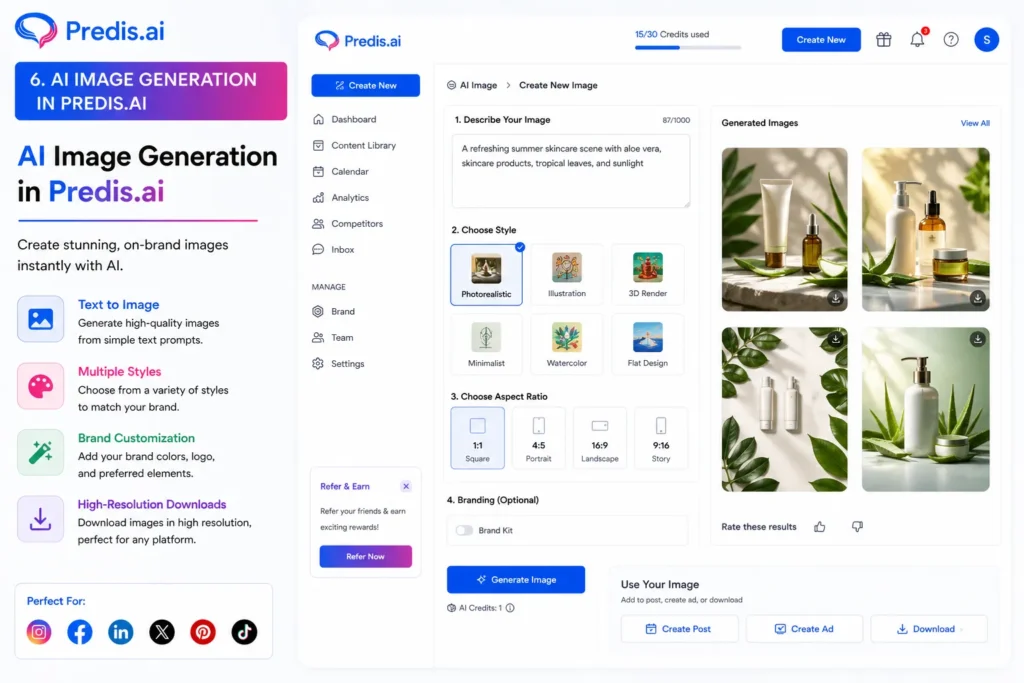 AI image generation in Predis.ai showing text-to-image tool, style selection, brand customization, and generated images inside the dashboard interface