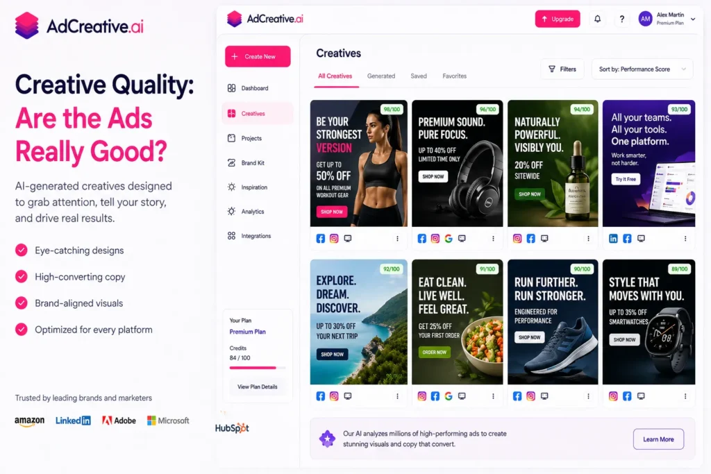 AdCreative.ai creatives dashboard showing high quality AI generated ads with performance scores and design variations