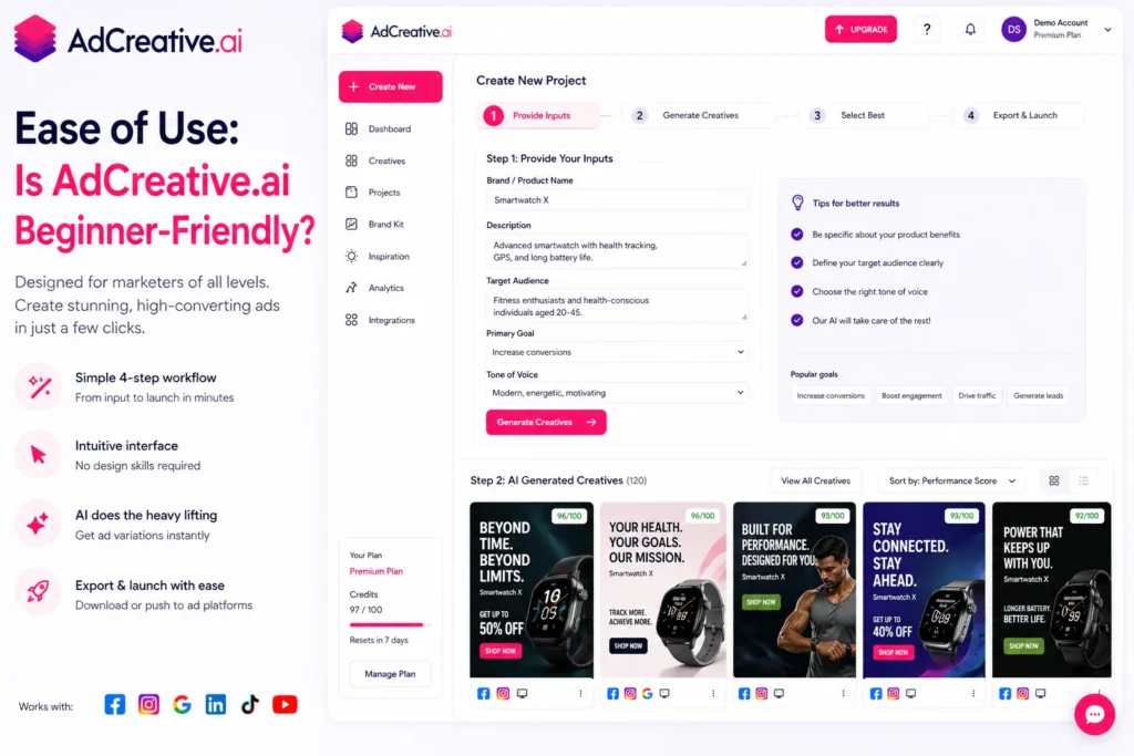 AdCreative.ai interface showing simple ad creation workflow, inputs, and beginner friendly dashboard design