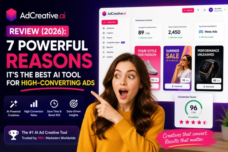 AdCreative.ai review 2026 banner with surprised woman highlighting high converting AI ad creatives