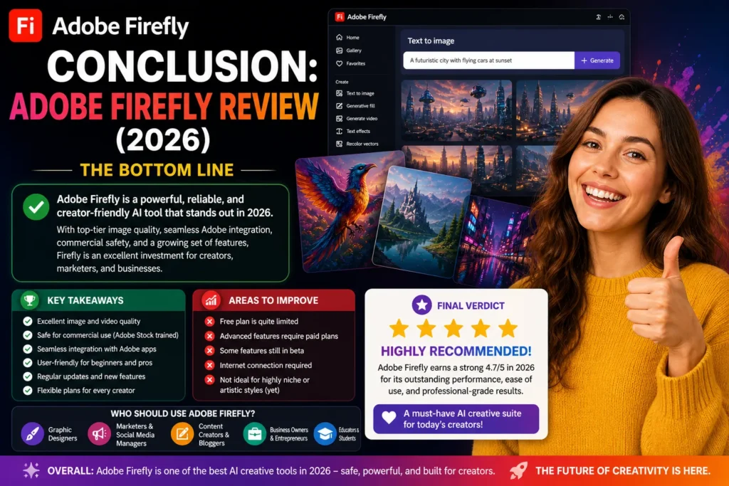 Adobe Firefly conclusion image showing happy satisfied woman with final verdict, rating, and overall review summary