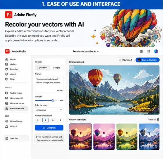 Adobe Firefly ease of use interface showing simple dashboard, AI tools navigation, and beginner friendly layout