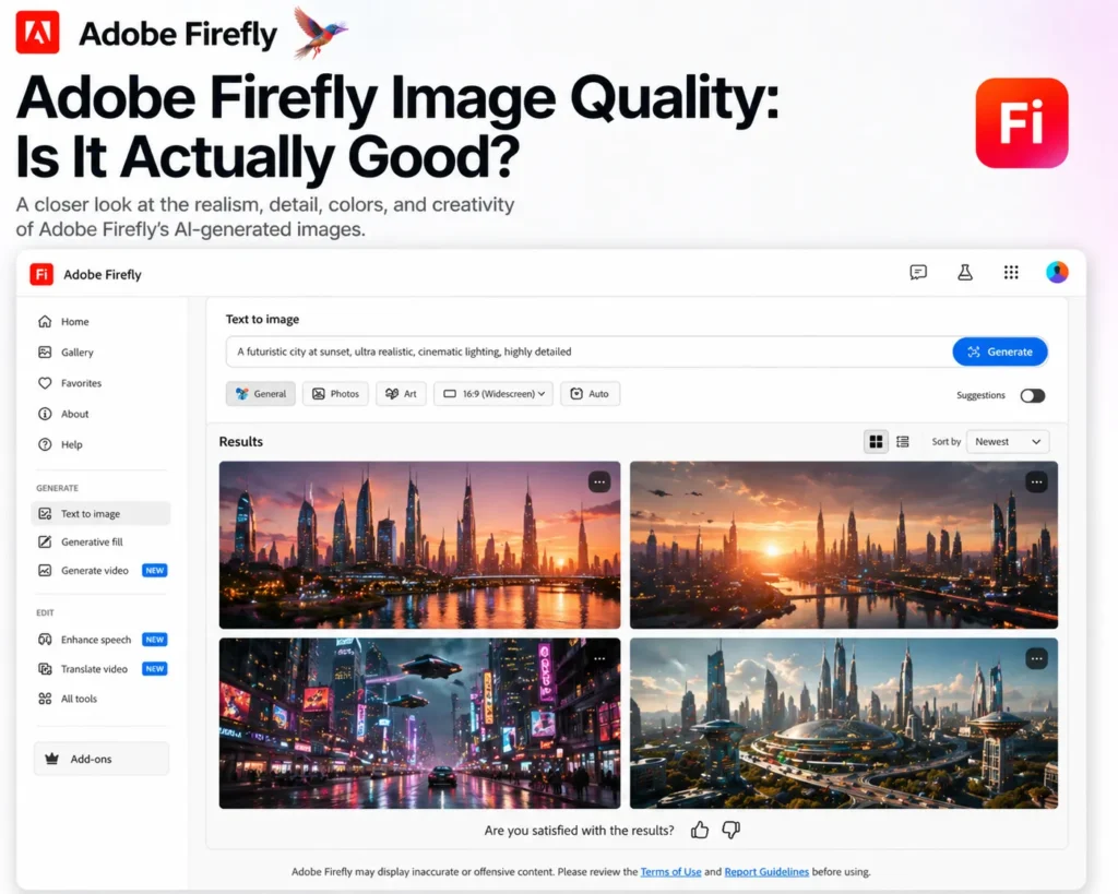 Adobe Firefly image quality image showing real interface with AI generated images, text to image tool, and realistic output examples.