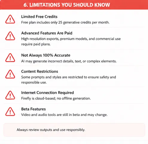 Adobe Firefly limitations showing restrictions, feature gaps, and areas where the tool is not ideal