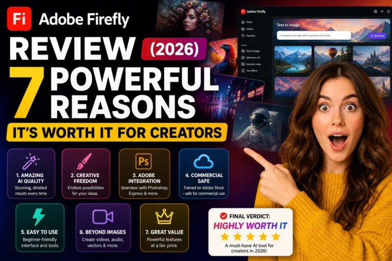 Adobe Firefly review 2026 image showing surprised woman with AI tool interface and 7 powerful reasons for creators