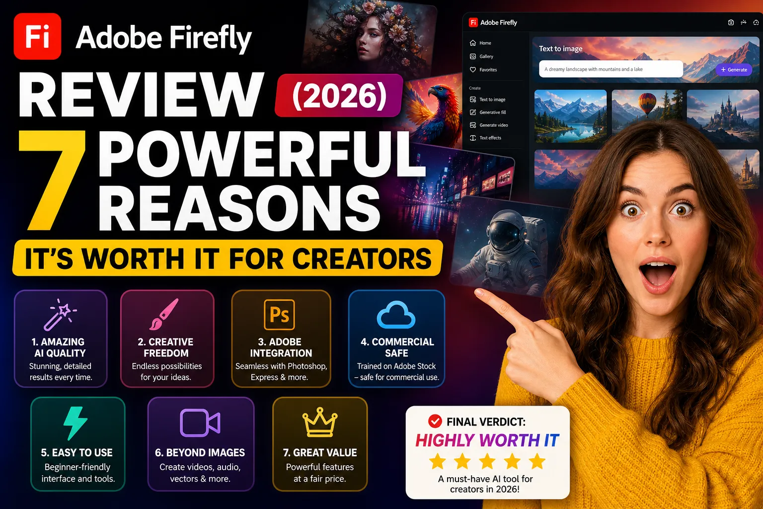 Adobe Firefly review 2026 image showing surprised woman with AI tool interface and 7 powerful reasons for creators