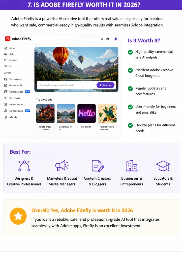 Adobe Firefly worth it in 2026 image showing real interface with AI tools, benefits, and use cases overview