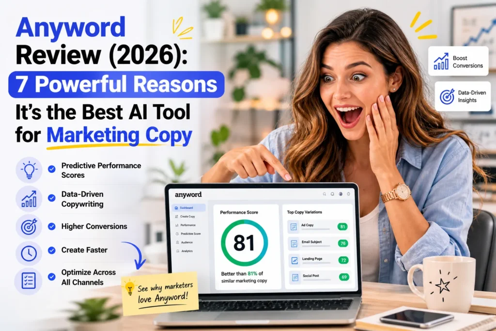 Anyword review 2026 showing surprised woman reacting to AI marketing copy tool and performance scores
