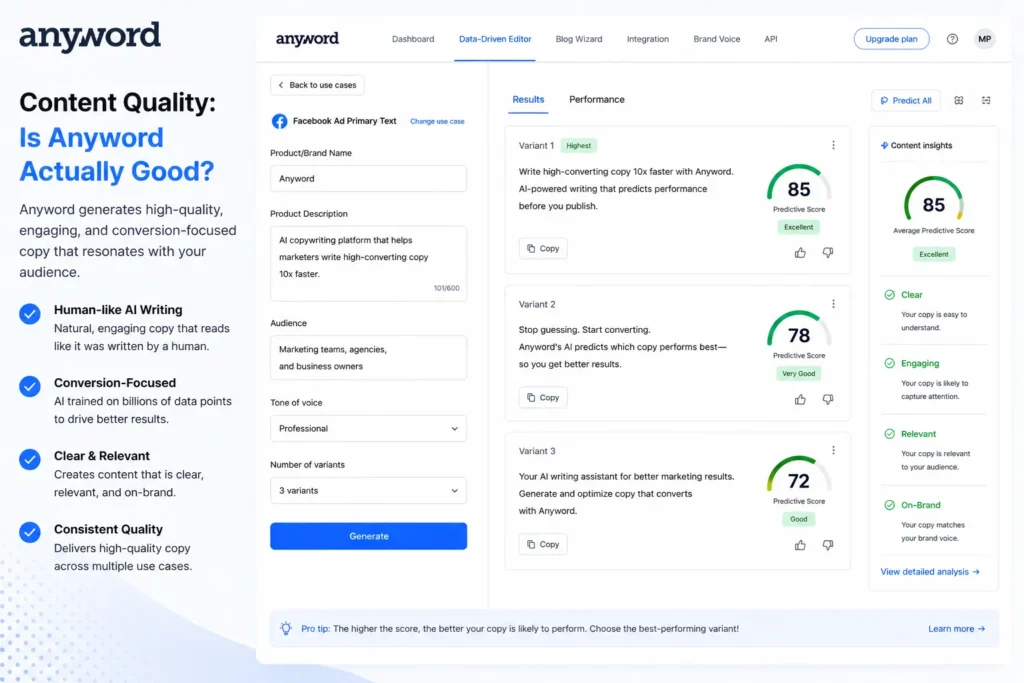 Anyword review – content quality analysis showing AI generated copy performance and engagement scores