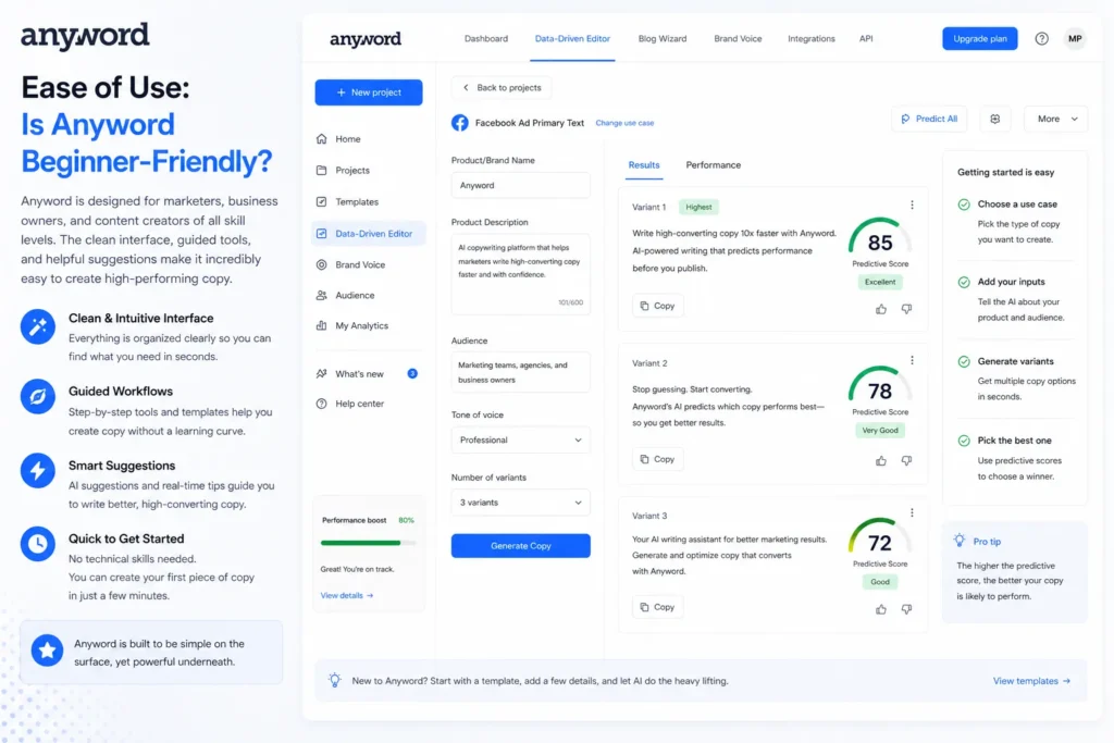 Anyword review – ease of use showing beginner friendly interface, guided workflow, and AI copy generation dashboard