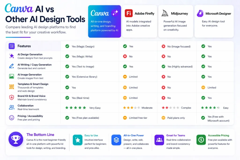 Canva AI comparison image showing features, collaboration, ease of use, and pricing across leading AI design tools.