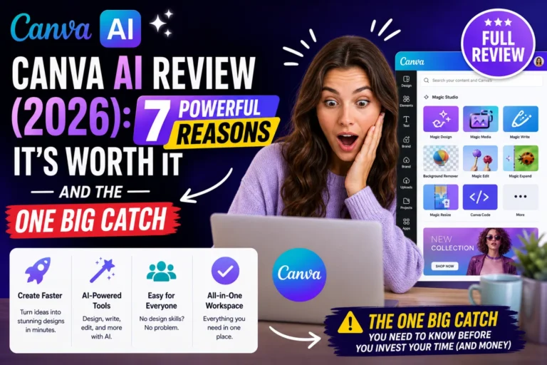 Canva AI review thumbnail featuring surprised woman, bold title text, key benefits, and highlighted “one big catch” message.