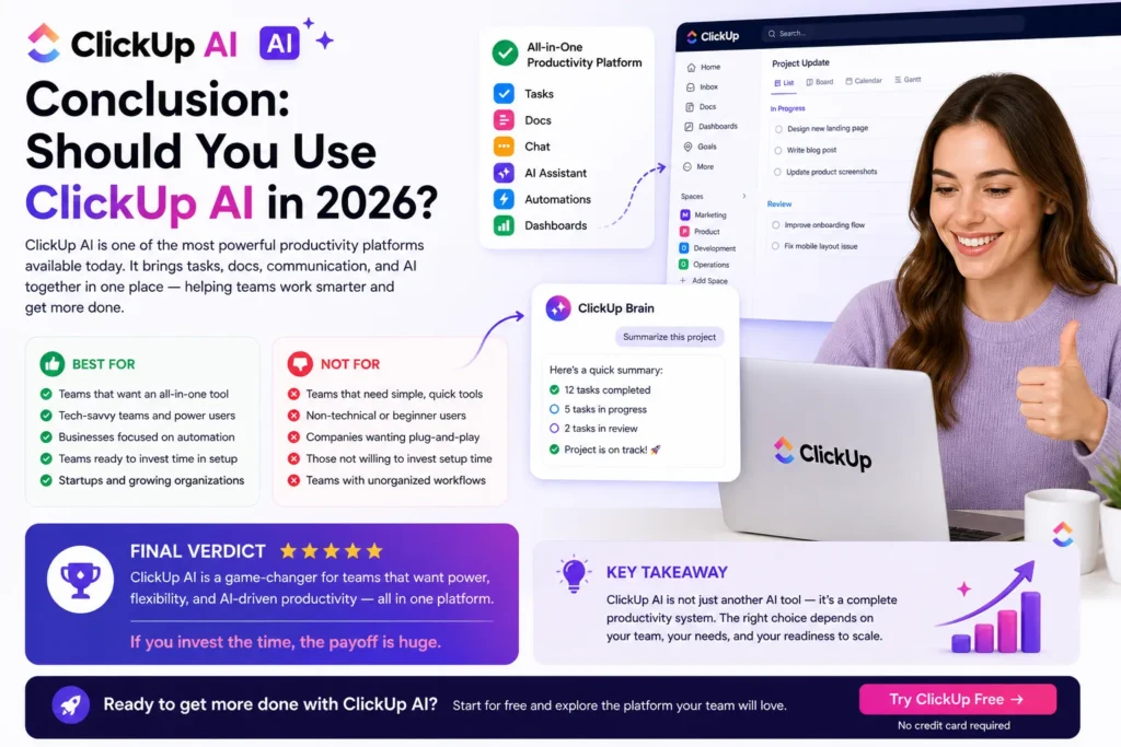 ClickUp AI conclusion image with happy satisfied woman using laptop showing improved productivity, automation, and final verdict of ClickUp AI review