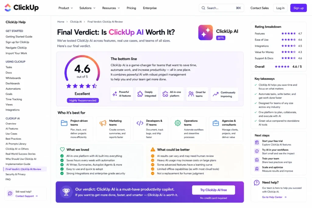 Conclusion ClickUp AI Review image showing happy satisfied woman using ClickUp AI on laptop with real interface, highlighting productivity, automation, and AI features