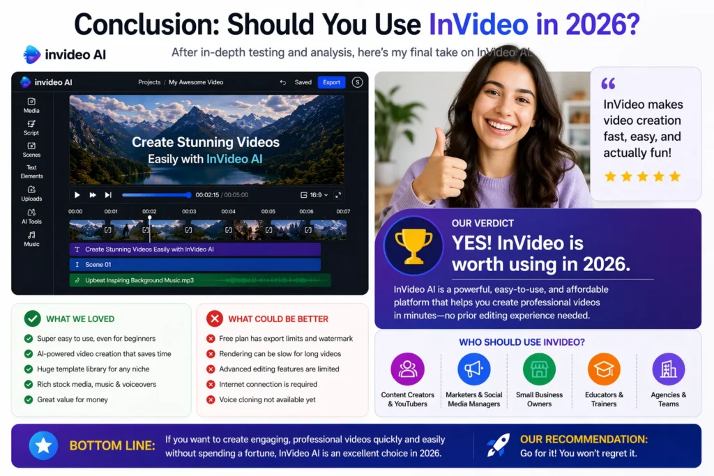 Conclusion InVideo 2026 showing real InVideo AI interface with video editor and a happy satisfied woman recommending the AI video creation tool