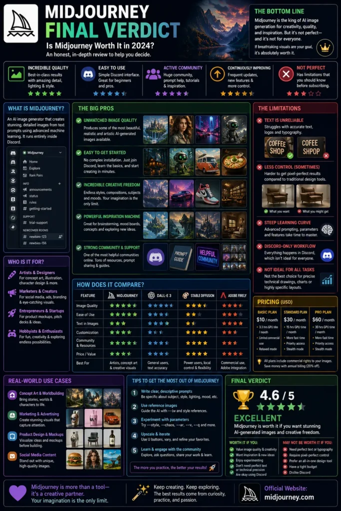 Conclusion Midjourney review showing final thoughts rating and overall value of AI image generator inside Discord interface