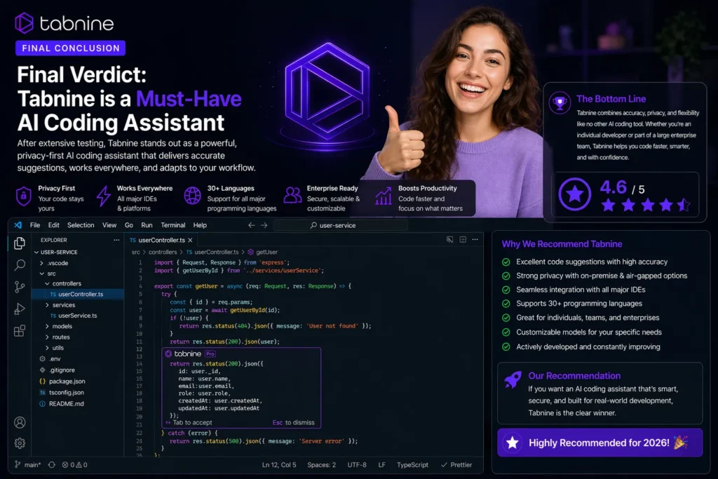 Conclusion Tabnine review image showing happy satisfied woman with real IDE interface, Tabnine logo, and final recommendation for AI coding assistant in 2026