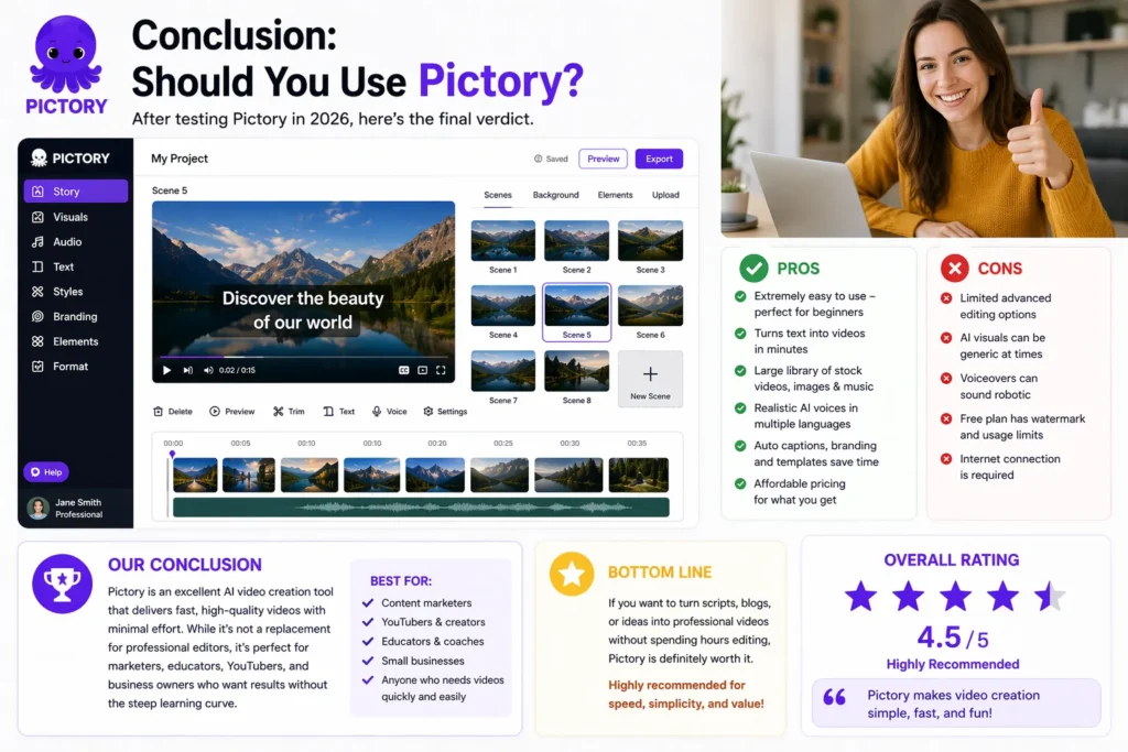 Conclusion image showing happy satisfied woman using Pictory AI video creation tool with real dashboard interface and completed video project on screen