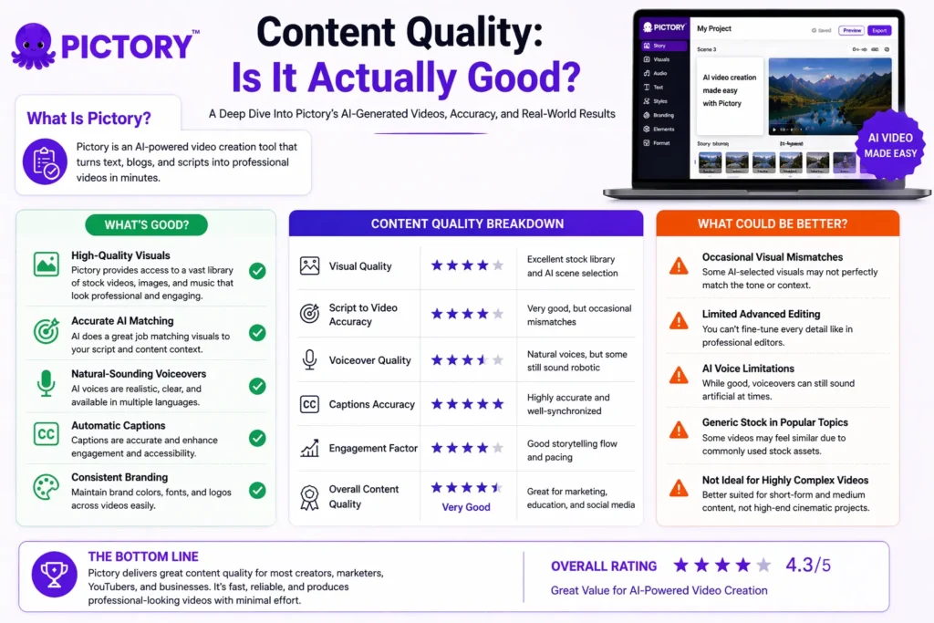 Content quality of Pictory AI video creation showing generated video preview with captions, stock footage, and scene-based editing interface