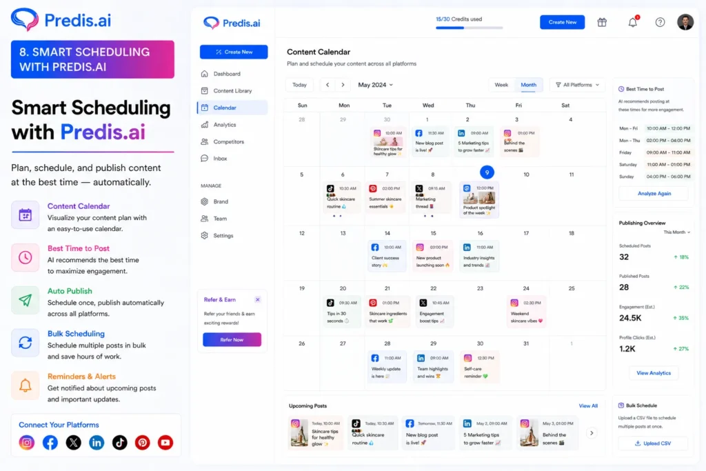 Content scheduling and calendar in Predis.ai showing social media content planner, best time to post, auto publishing, and calendar view inside the dashboard