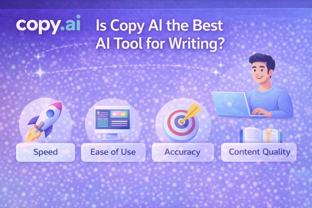 Copy AI best AI tool for writing comparison showing speed ease of use accuracy and content quality with Copy.ai logo