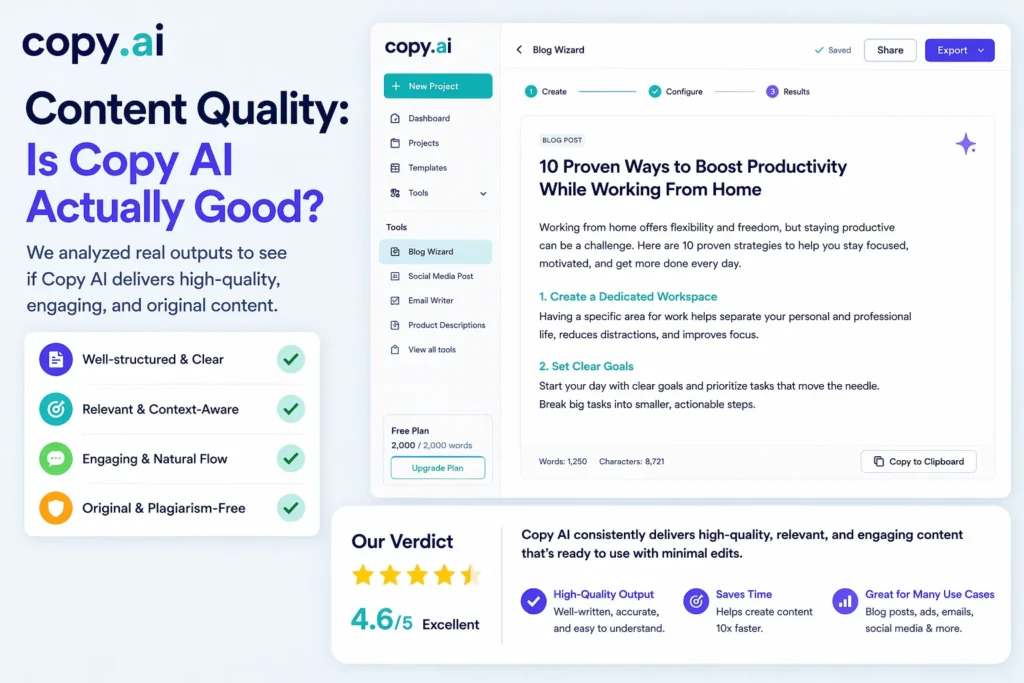 Copy AI content quality interface showing AI generated blog post output with Copy.ai logo and writing results