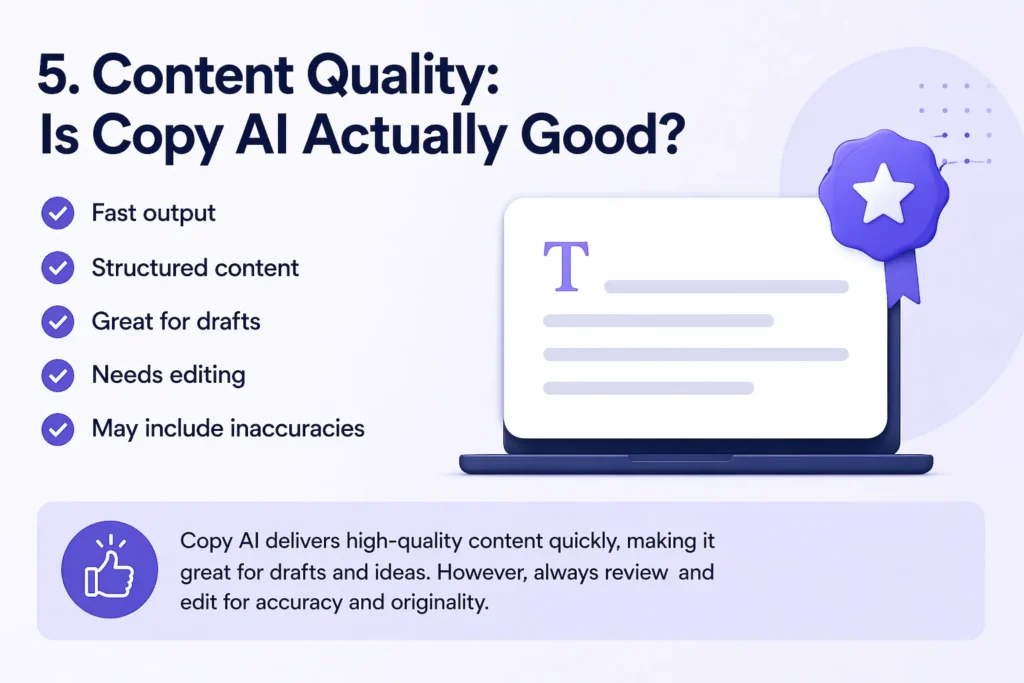 Copy AI content quality review showing output speed structured content and need for editing in AI writing tool