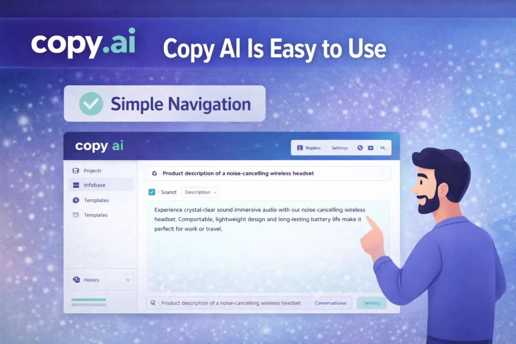 Copy AI easy to use interface dashboard with simple navigation and Copy.ai logo for AI writing tool
