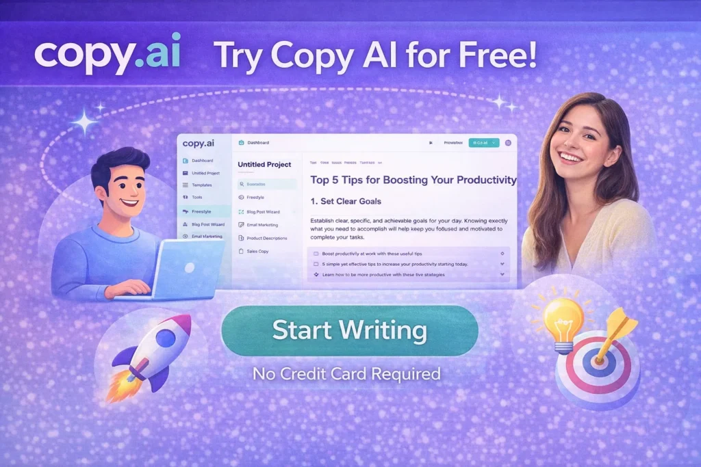 Copy AI final verdict image with real woman smiling and Copy.ai interface dashboard showing AI writing tool results