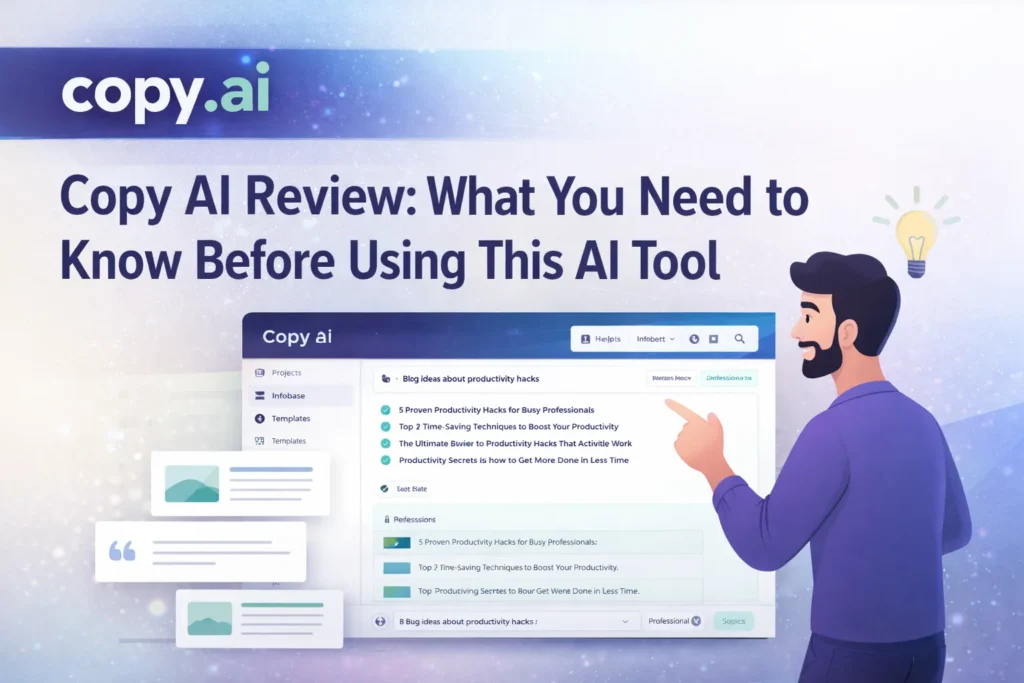 Copy AI interface dashboard showing blog idea generation with Copy.ai logo and AI writing tool screen