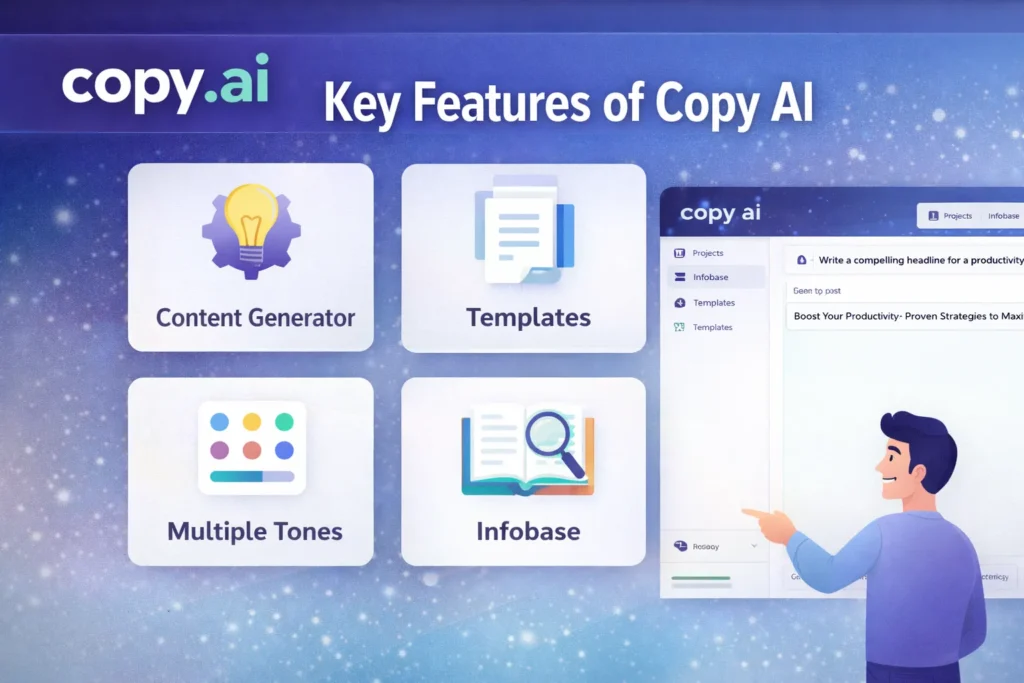 Copy AI key features interface showing templates content generator multiple tones and infobase with Copy.ai logo