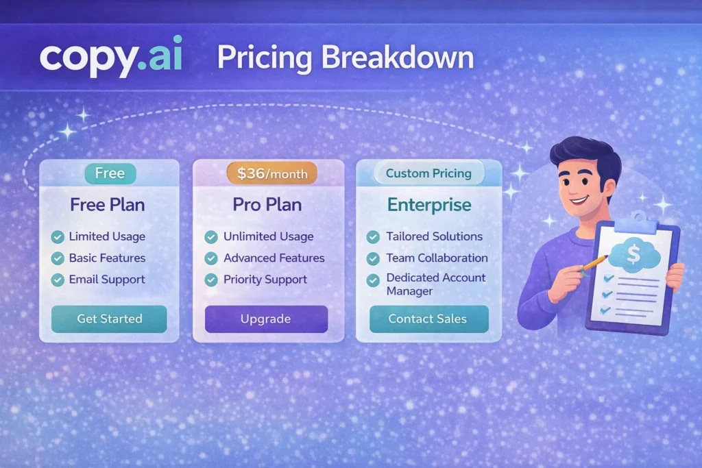 Copy AI pricing plans showing free pro and enterprise options with Copy.ai logo and pricing breakdown