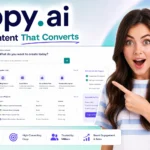 Copy AI review featured image showing Copy.ai logo real interface dashboard and surprised woman reacting to AI writing tool