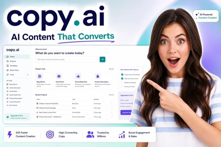 Copy AI review featured image showing Copy.ai logo real interface dashboard and surprised woman reacting to AI writing tool
