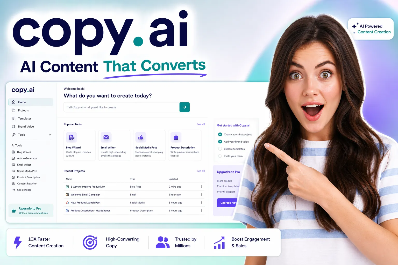 Copy AI review featured image showing Copy.ai logo real interface dashboard and surprised woman reacting to AI writing tool
