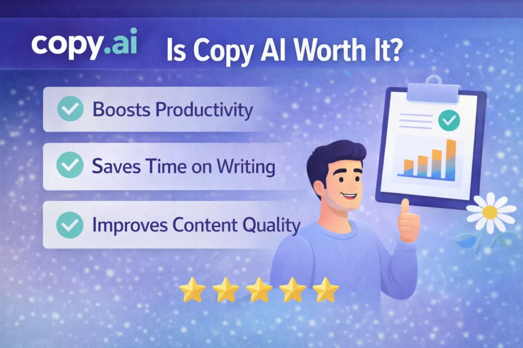 Copy AI review pros showing productivity time saving and content quality benefits with Copy.ai logo