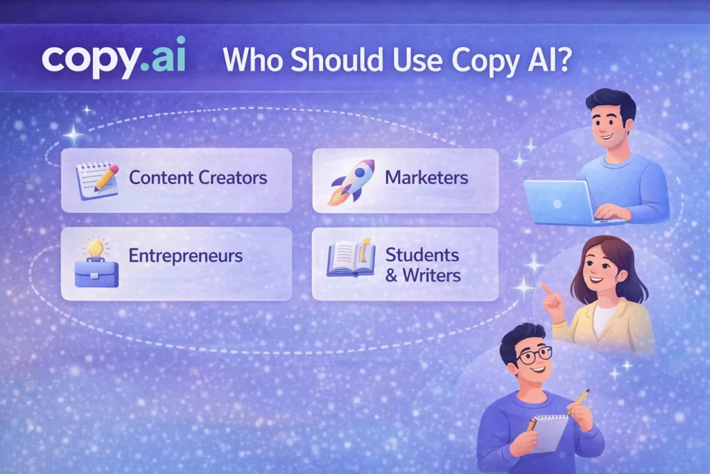 Copy AI use cases showing content creators marketers entrepreneurs and writers with Copy.ai logo