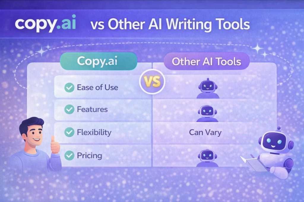 Copy AI vs other AI writing tools comparison showing features ease of use pricing and flexibility with Copy.ai logo