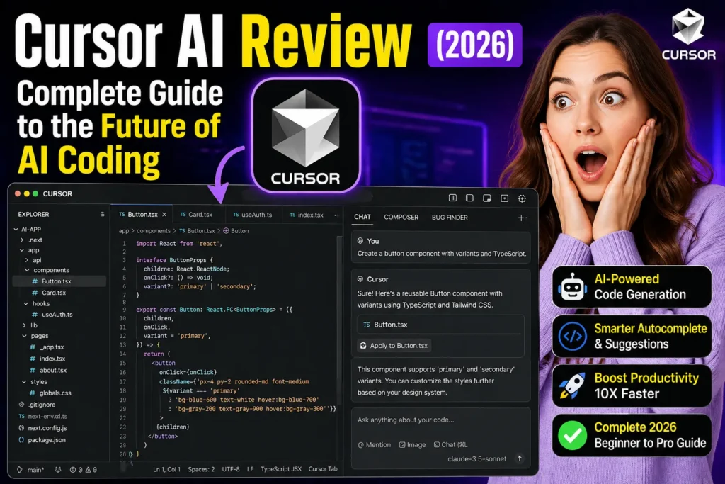 Cursor AI Review 2026 complete guide showing real Cursor AI interface with AI coding assistant, autocomplete, and chat features alongside surprised woman and Cursor logo