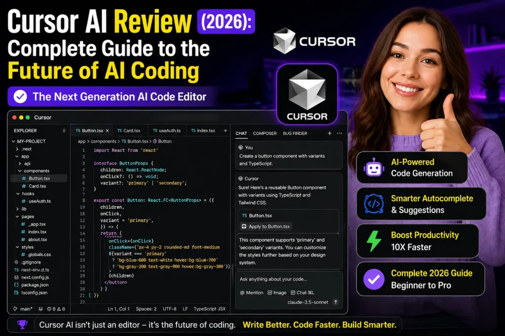 Cursor AI Review 2026 conclusion image showing real Cursor AI interface with AI coding assistant, autocomplete and chat features alongside happy satisfied woman and Cursor logo