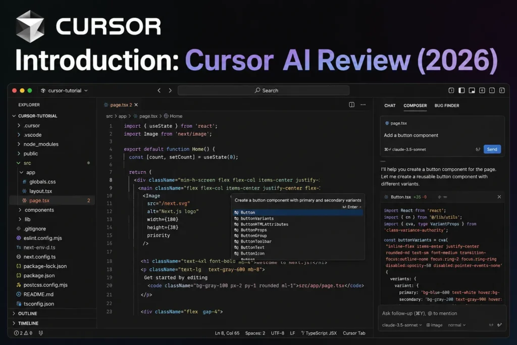 Cursor AI Review 2026 introduction with real Cursor AI interface showing AI code autocomplete and editor features
