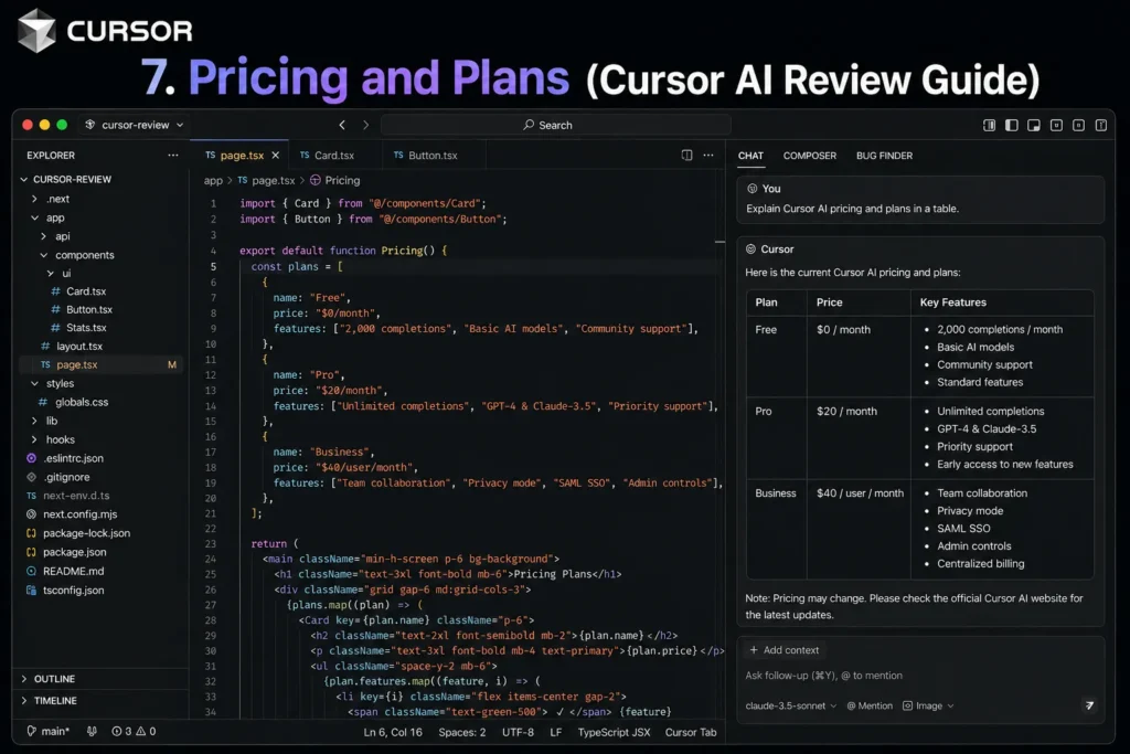 Cursor AI pricing and value showing real interface with pricing plans, features comparison, and AI assistant explaining subscription options
