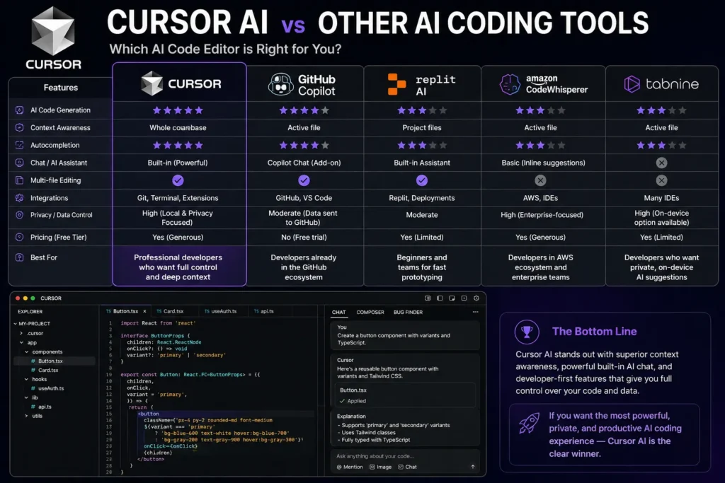 Cursor AI vs other AI coding tools comparison showing real interfaces and feature differences between Cursor, GitHub Copilot, Replit AI, Amazon CodeWhisperer, and Tabnine