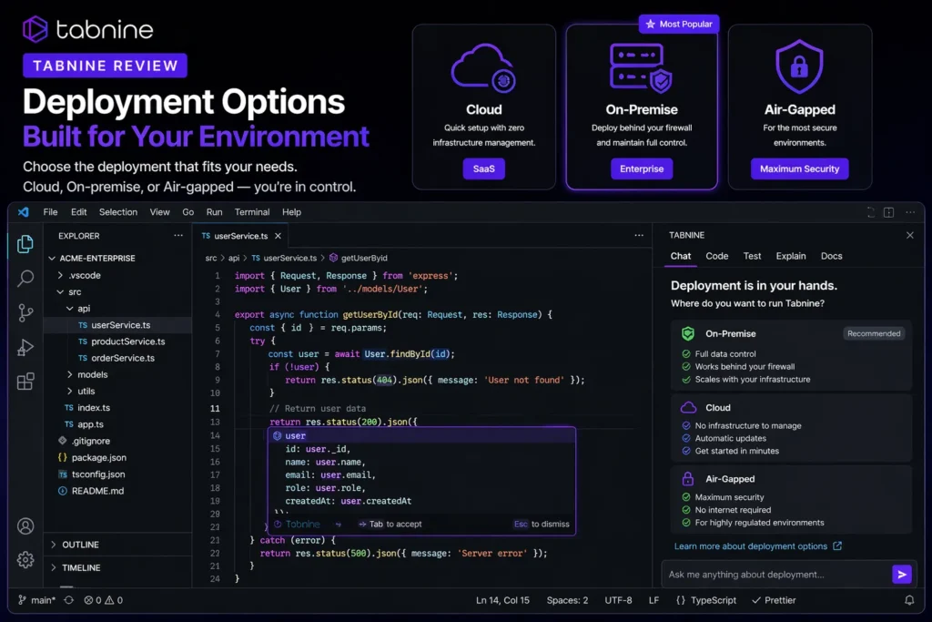 Deployment Options Tabnine image showing real IDE interface with cloud, on-premise, and air-gapped deployment features, Tabnine logo, and enterprise environment setup for SEO.