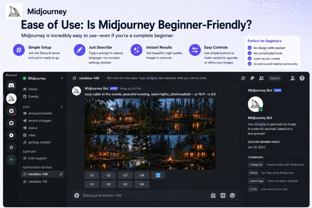 Ease of Use Midjourney showing beginner friendly interface inside Discord with simple prompt controls and fast AI image generation