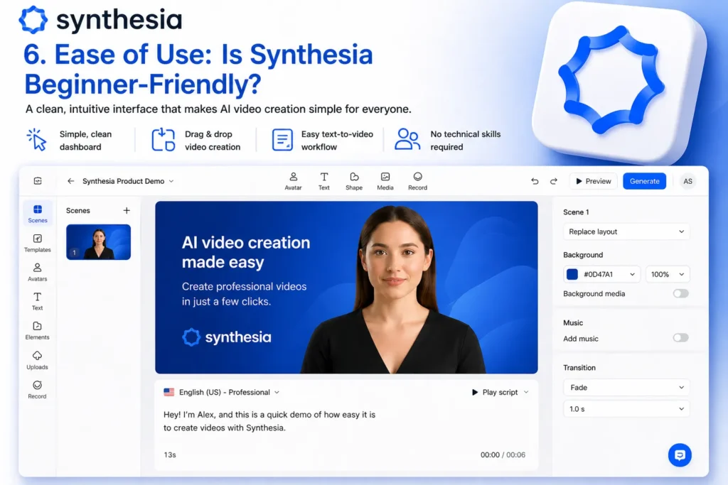Ease of use image showing real Synthesia interface with simple dashboard, drag and drop workflow, and headline Ease of Use Is Synthesia Beginner Friendly