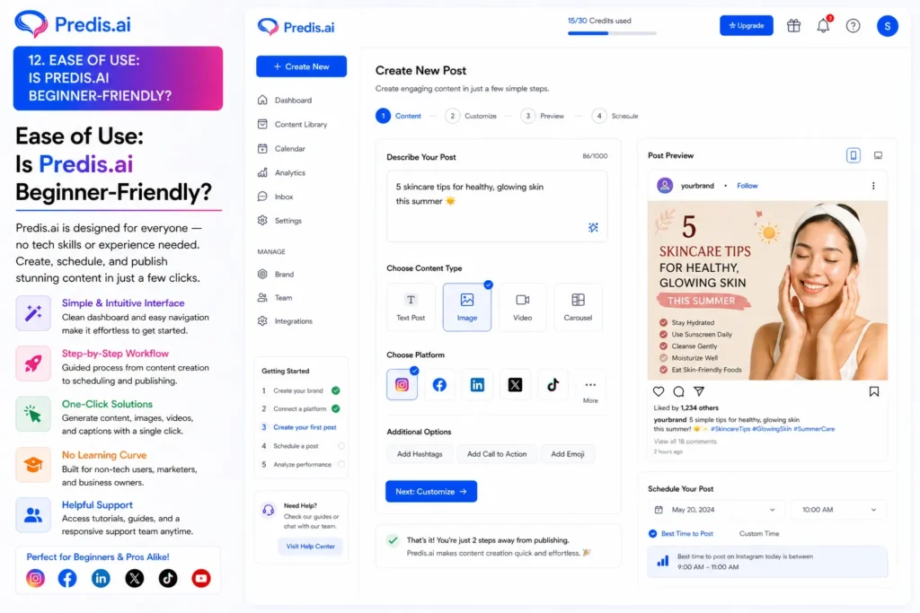 Ease of use in Predis.ai showing beginner-friendly dashboard, simple content creation workflow, and intuitive social media post editor interface